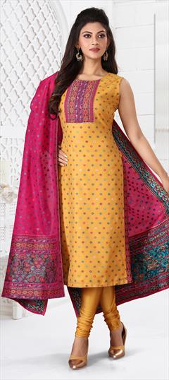 Party Wear Yellow color Salwar Kameez in Art Silk fabric with Churidar, Straight Lace, Weaving work : 1820707