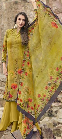 Casual Yellow color Salwar Kameez in Crepe Silk fabric with Palazzo Digital Print, Floral work : 1820717