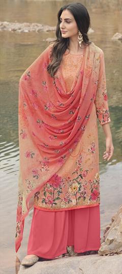 Casual Pink and Majenta color Salwar Kameez in Crepe Silk fabric with Palazzo Digital Print, Floral work : 1820730