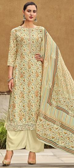 Party Wear, Reception Beige and Brown color Salwar Kameez in Jacquard fabric with Straight Digital Print, Embroidered, Floral, Resham work : 1820741