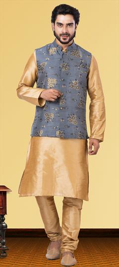 Gold color Kurta Pyjama with Jacket in Dupion Silk fabric with Weaving work : 1820748
