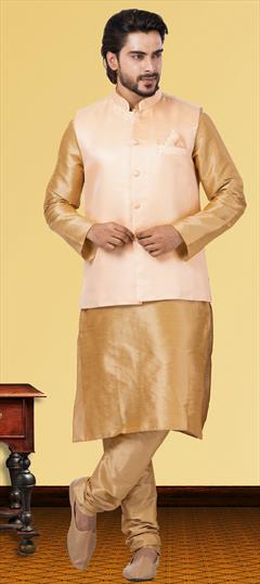 Gold color Kurta Pyjama with Jacket in Dupion Silk fabric with Thread work : 1820750