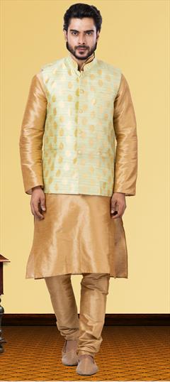 Gold color Kurta Pyjama with Jacket in Dupion Silk fabric with Weaving work : 1820751
