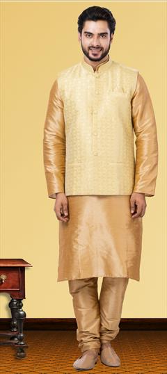 Gold color Kurta Pyjama with Jacket in Dupion Silk fabric with Weaving work : 1820754