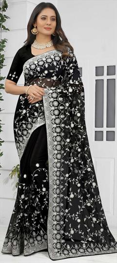 Festive, Reception Black and Grey color Saree in Net fabric with Classic Embroidered, Resham, Stone, Thread work : 1820832