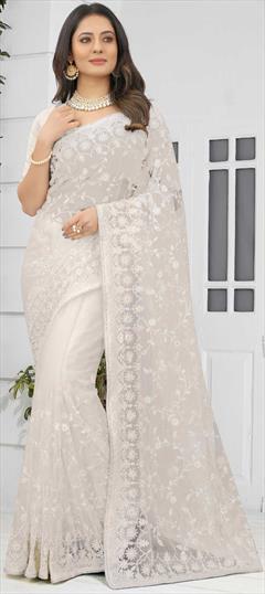 Festive, Reception White and Off White color Saree in Net fabric with Classic Embroidered, Resham, Stone, Thread work : 1820833