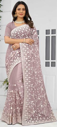 Festive, Reception Purple and Violet color Saree in Net fabric with Classic Embroidered, Resham, Stone, Thread work : 1820834
