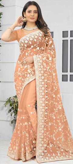 Festive, Reception Pink and Majenta color Saree in Net fabric with Classic Embroidered, Resham, Stone, Thread work : 1820835