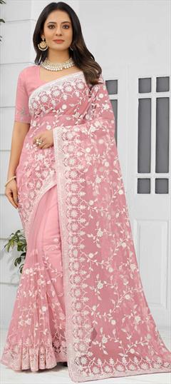 Festive, Reception Pink and Majenta color Saree in Net fabric with Classic Embroidered, Resham, Stone, Thread work : 1820837