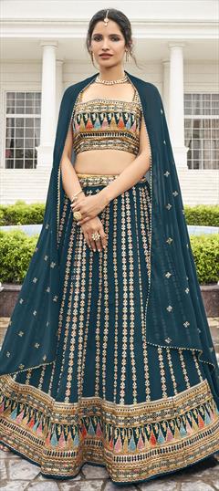 Mehendi Sangeet, Reception Blue color Lehenga in Georgette fabric with Classic Embroidered, Sequence, Thread work : 1820858
