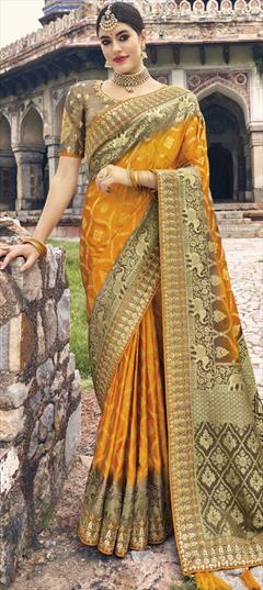 Traditional, Wedding Yellow color Saree in Silk fabric with South Border, Embroidered, Thread, Weaving, Zari work : 1820884