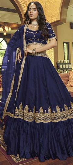 Mehendi Sangeet, Reception Blue color Lehenga in Art Silk fabric with A Line, Ruffle Embroidered, Sequence, Thread, Zari work : 1820930