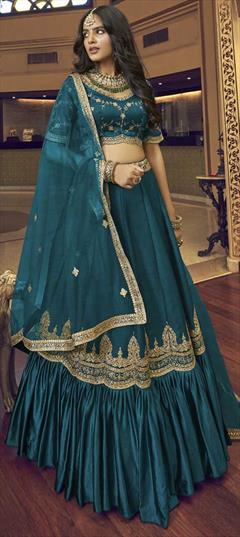 Mehendi Sangeet, Reception Blue color Lehenga in Art Silk, Silk fabric with A Line Embroidered, Sequence, Thread, Zari work : 1820932