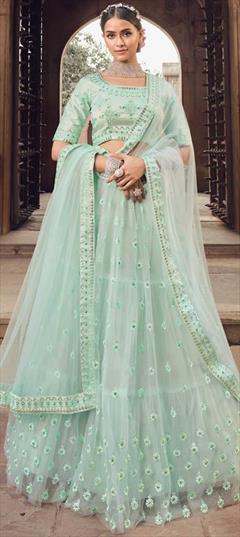 Mehendi Sangeet, Reception Green color Lehenga in Net fabric with A Line Embroidered, Sequence, Thread work : 1820934