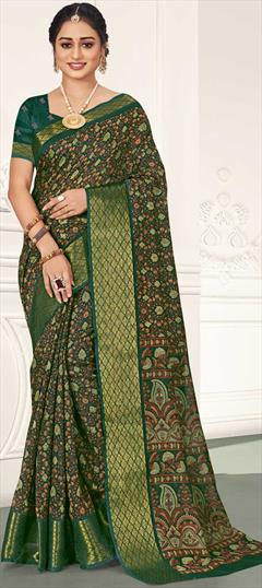 Casual, Traditional Green color Saree in Cotton fabric with Bengali Printed, Weaving work : 1820971