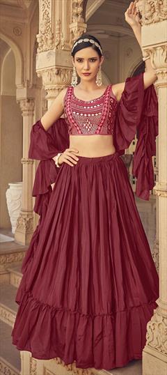 Mehendi Sangeet Red and Maroon color Lehenga in Chiffon fabric with A Line Mirror, Thread work : 1821028
