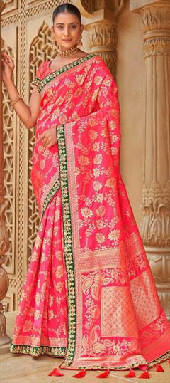 Traditional, Wedding Pink and Majenta color Saree in Banarasi Silk, Silk fabric with South Border, Embroidered, Thread, Weaving work : 1821120