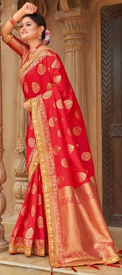 Traditional, Wedding Red and Maroon color Saree in Banarasi Silk, Silk fabric with South Border, Embroidered, Thread, Weaving work : 1821121