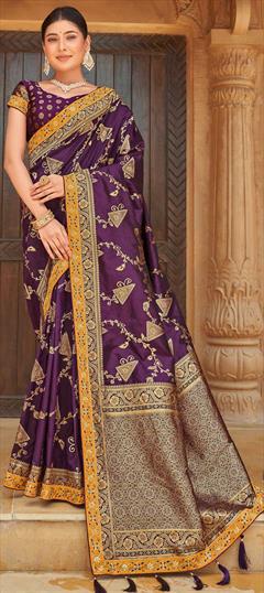Traditional, Wedding Purple and Violet color Saree in Banarasi Silk, Silk fabric with South Border, Embroidered, Thread, Weaving work : 1821123