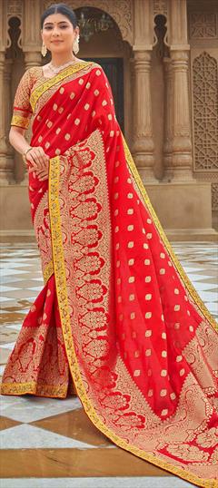 Traditional, Wedding Red and Maroon color Saree in Banarasi Silk, Silk fabric with South Border, Embroidered, Thread, Weaving work : 1821127