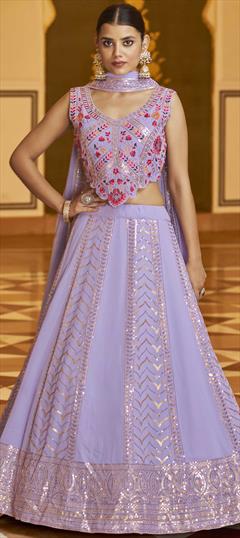 Mehendi Sangeet, Reception Purple and Violet color Lehenga in Georgette fabric with A Line Embroidered, Sequence, Thread work : 1821152