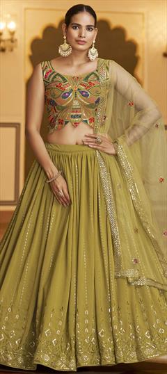 Mehendi Sangeet, Reception Green color Lehenga in Georgette fabric with A Line Embroidered, Resham, Thread work : 1821153