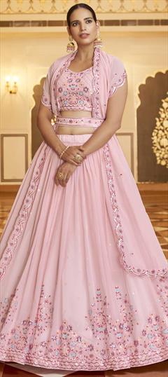 Mehendi Sangeet, Reception Pink and Majenta color Lehenga in Georgette fabric with A Line Embroidered, Sequence, Thread work : 1821155