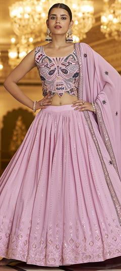 Mehendi Sangeet, Reception Pink and Majenta color Lehenga in Georgette fabric with A Line Embroidered, Sequence, Thread work : 1821158