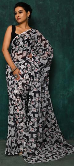 Casual, Party Wear Black and Grey, White and Off White color Saree in Georgette fabric with Classic Digital Print work : 1821159