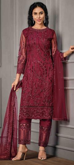 Party Wear Red and Maroon color Salwar Kameez in Net fabric with Straight Embroidered, Sequence, Thread, Zari work : 1821197