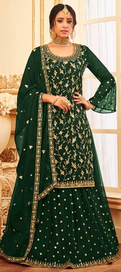 Bollywood Green color Long Lehenga Choli in Georgette fabric with Embroidered, Sequence, Thread work : 1821225
