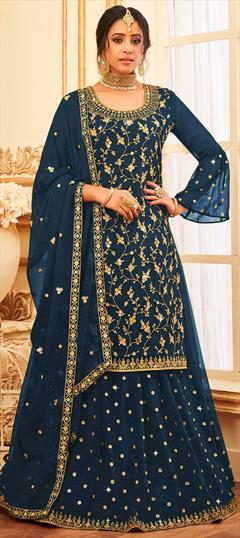 Bollywood Blue color Long Lehenga Choli in Georgette fabric with Embroidered, Sequence, Thread work : 1821227