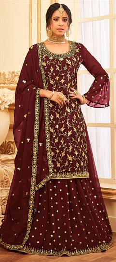 Bollywood Red and Maroon color Long Lehenga Choli in Georgette fabric with Embroidered, Sequence, Thread work : 1821228