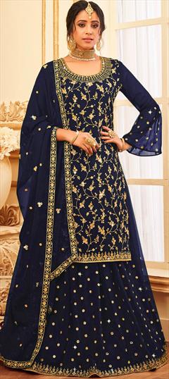 Bollywood Blue color Long Lehenga Choli in Georgette fabric with Embroidered, Sequence, Thread work : 1821230