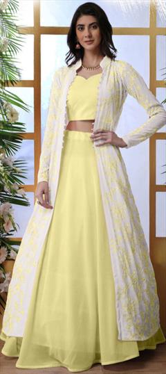 Mehendi Sangeet, Reception Yellow color Ready to Wear Lehenga in Georgette fabric with A Line Embroidered, Thread work : 1821260