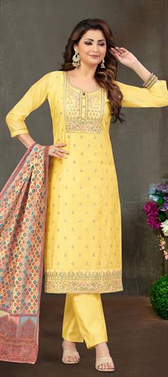 Festive, Party Wear Yellow color Salwar Kameez in Brocade fabric with Straight Embroidered, Resham, Thread work : 1821287