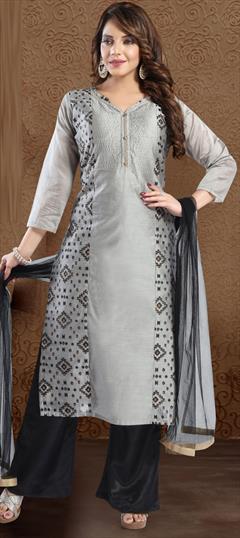 Festive, Party Wear Black and Grey color Salwar Kameez in Chanderi Silk fabric with Straight Printed work : 1821303