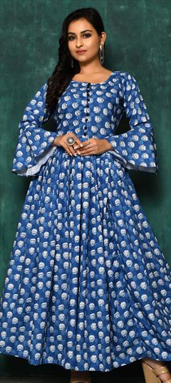 Party Wear Blue color Gown in Cotton fabric with Digital Print work : 1821354