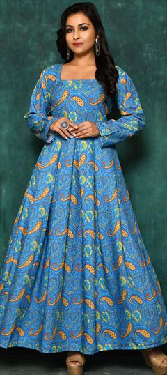 Party Wear Blue color Gown in Cotton fabric with Digital Print work : 1821355