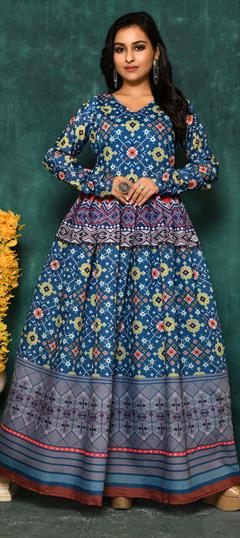Party Wear Blue color Gown in Chanderi Silk fabric with Digital Print work : 1821364