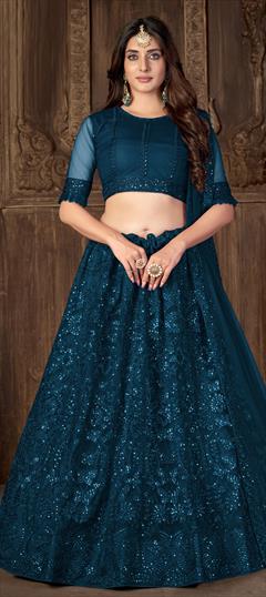 Festive, Party Wear Blue color Lehenga in Net fabric with A Line Embroidered, Sequence, Thread work : 1821522