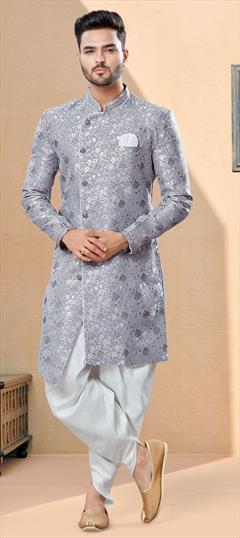 Black and Grey color Sherwani in Banarasi Silk fabric with Thread, Weaving work : 1821703