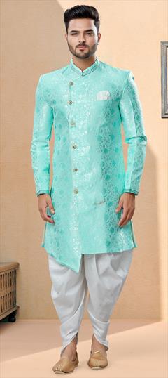Blue color Sherwani in Banarasi Silk fabric with Thread, Weaving work : 1821706
