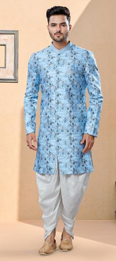 Blue color Sherwani in Jacquard fabric with Digital Print, Thread work : 1821708