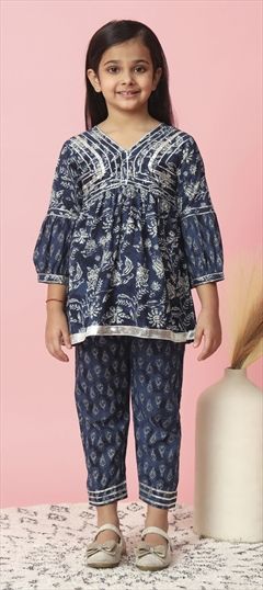 Casual Blue color Girls Top with Bottom in Cotton fabric with Floral, Gota Patti, Printed work : 1821787