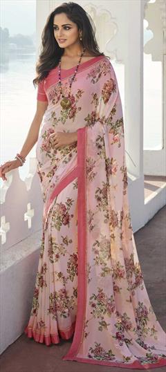Casual Pink and Majenta color Saree in Georgette fabric with Classic Floral, Printed work : 1821857