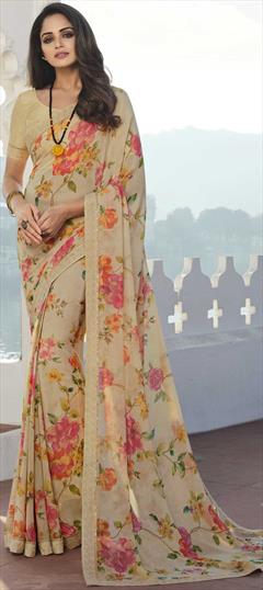 Casual Beige and Brown color Saree in Georgette fabric with Classic Floral, Printed work : 1821859