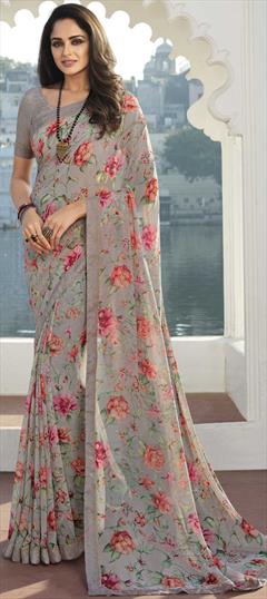 Casual Black and Grey color Saree in Georgette fabric with Classic Floral, Printed work : 1821862