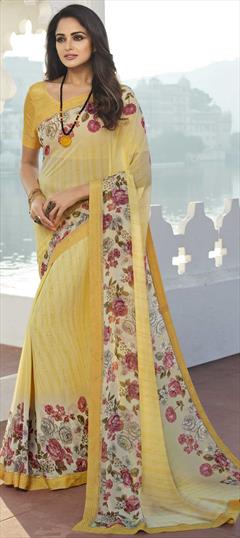 Casual Yellow color Saree in Georgette fabric with Classic Floral, Printed work : 1821863
