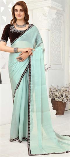 Traditional Blue color Saree in Crushed Silk fabric with South Lace, Zircon work : 1821956